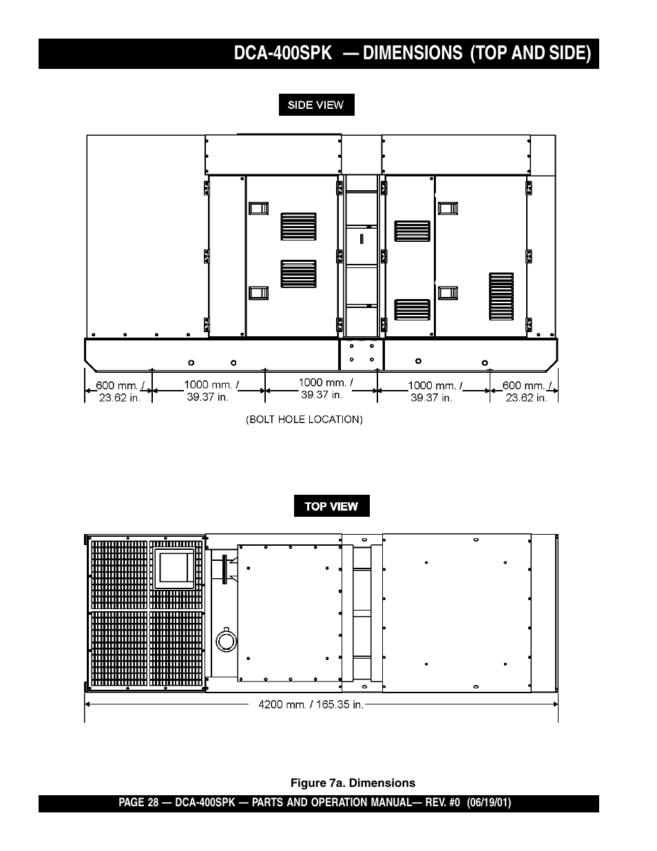 Dca-400spk — dimensions (top and side) | Multiquip MQ Power Whisperwatt Generator DCA-400SPK User Manual | Page 28 / 108