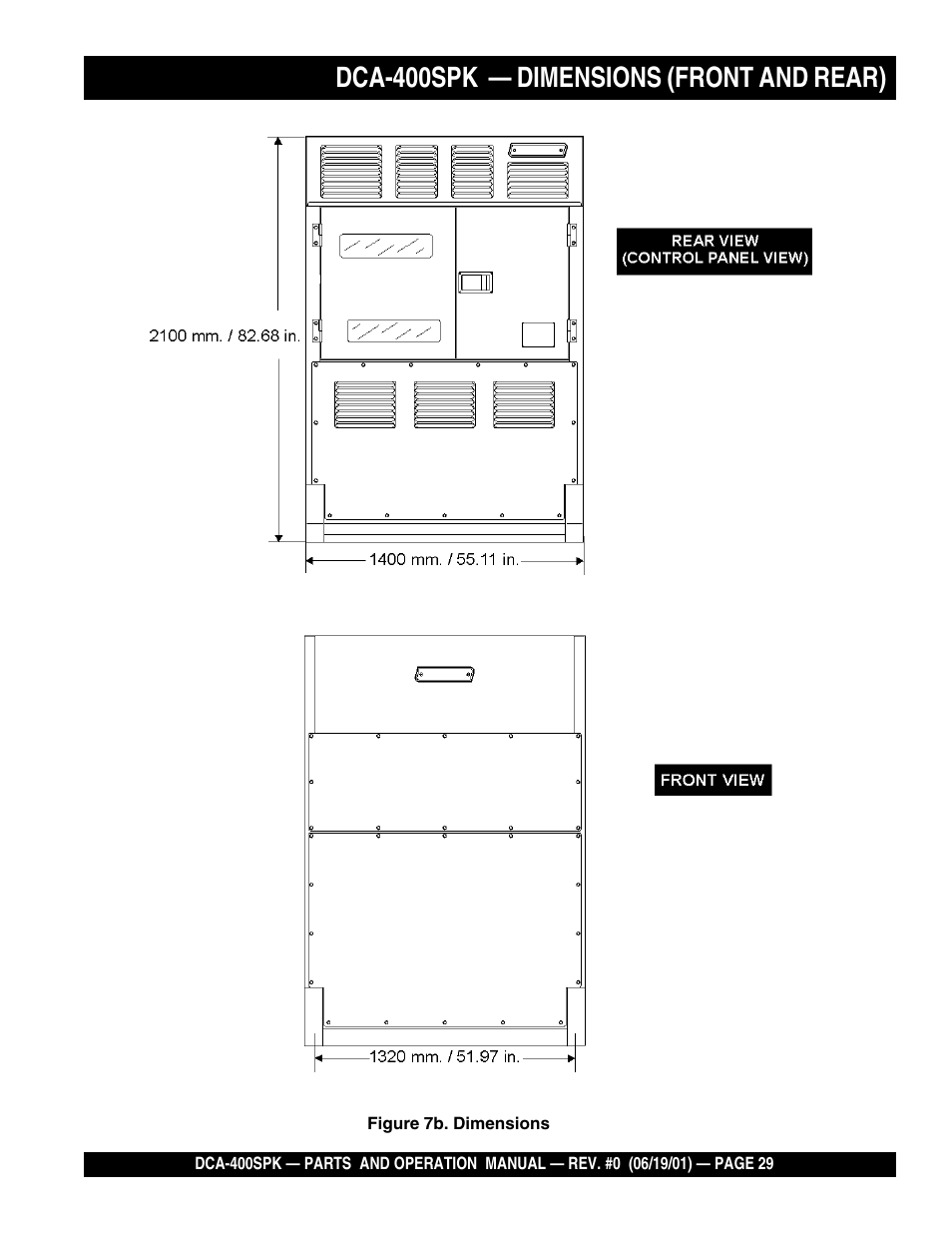 Dca-400spk — dimensions (front and rear) | Multiquip MQ Power Whisperwatt Generator DCA-400SPK User Manual | Page 29 / 108