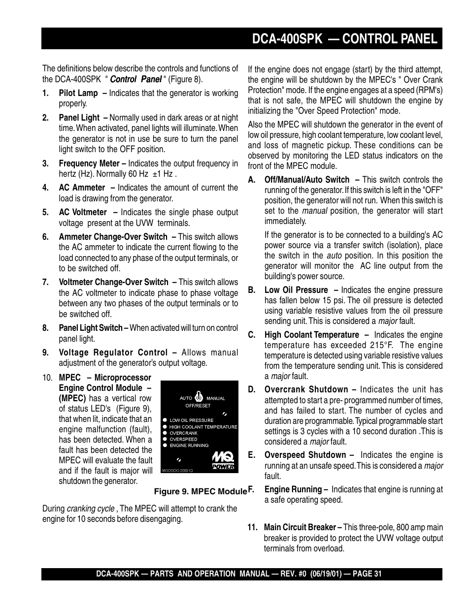 Dca-400spk — control panel | Multiquip MQ Power Whisperwatt Generator DCA-400SPK User Manual | Page 31 / 108