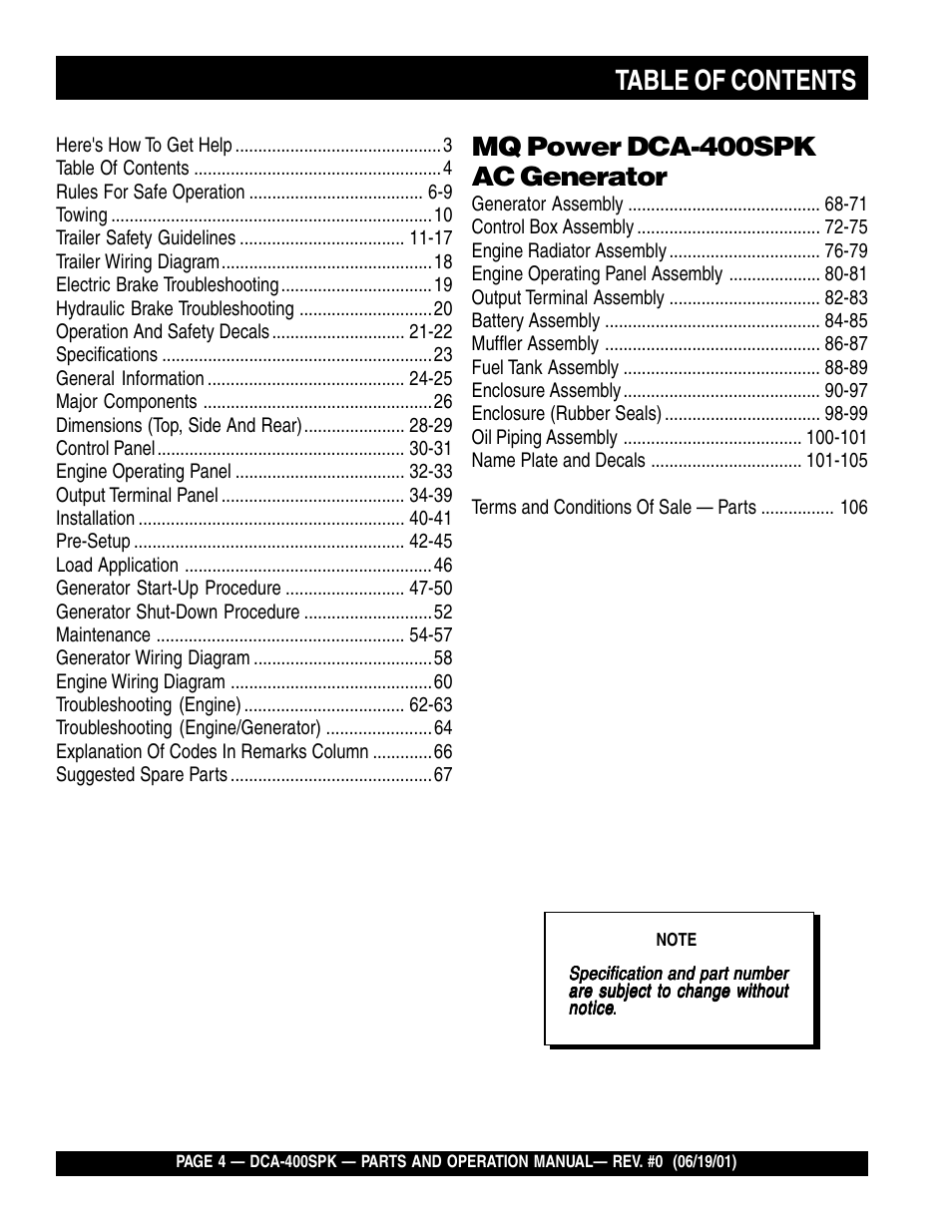 Multiquip MQ Power Whisperwatt Generator DCA-400SPK User Manual | Page 4 / 108