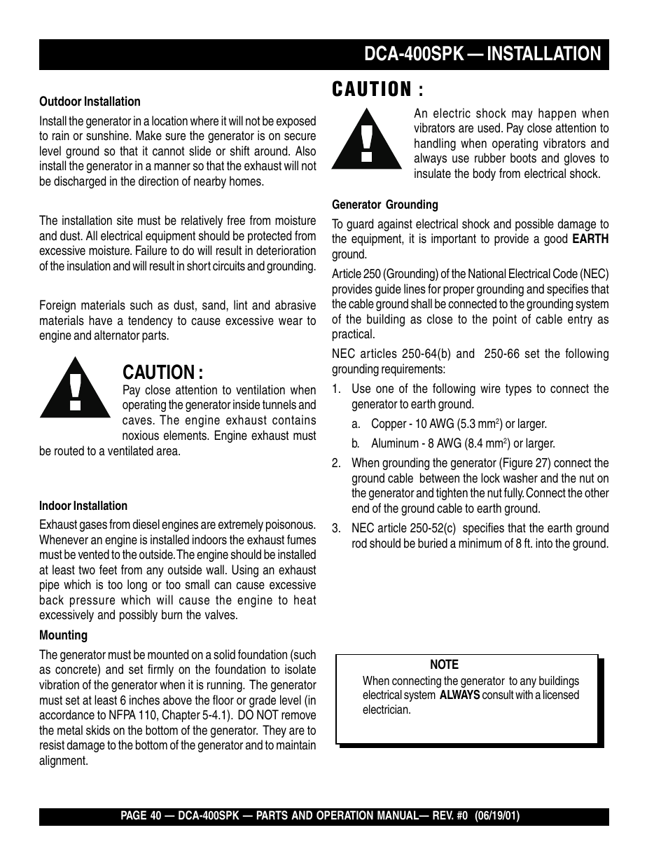 Caution, Dca-400spk — installation | Multiquip MQ Power Whisperwatt Generator DCA-400SPK User Manual | Page 40 / 108