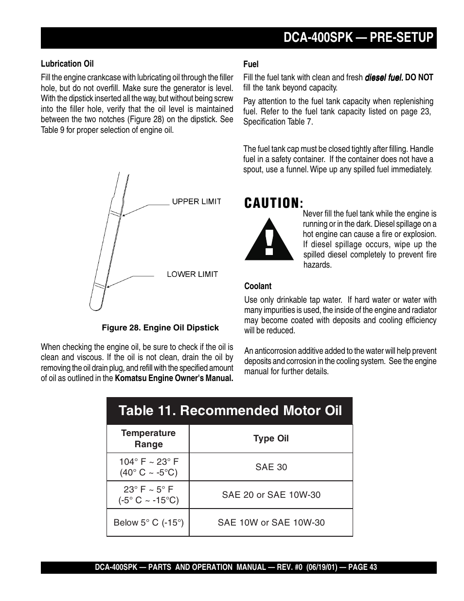 Dca-400spk — pre-setup, Caution | Multiquip MQ Power Whisperwatt Generator DCA-400SPK User Manual | Page 43 / 108