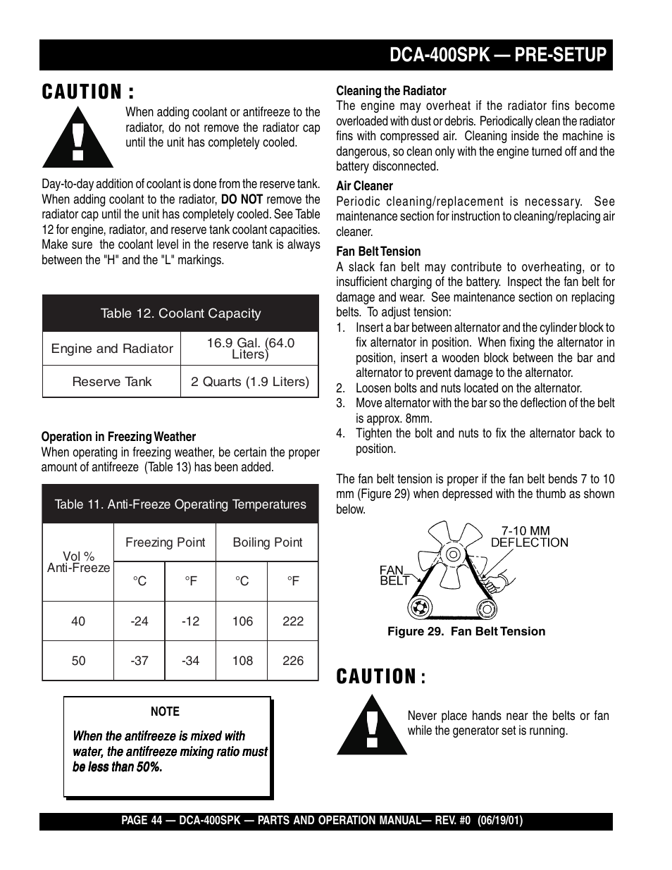 Dca-400spk — pre-setup, Caution | Multiquip MQ Power Whisperwatt Generator DCA-400SPK User Manual | Page 44 / 108