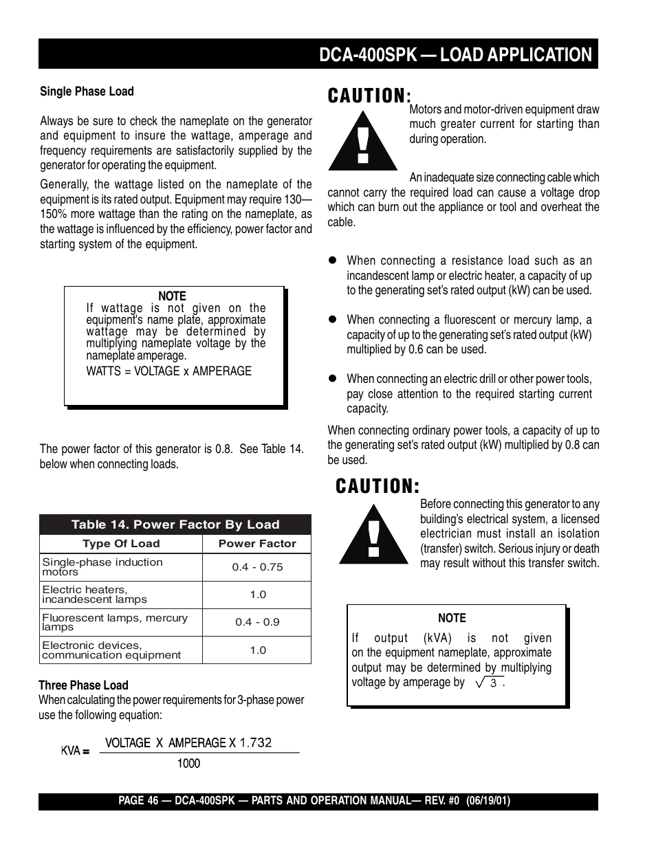 Dca-400spk — load application, Caution | Multiquip MQ Power Whisperwatt Generator DCA-400SPK User Manual | Page 46 / 108