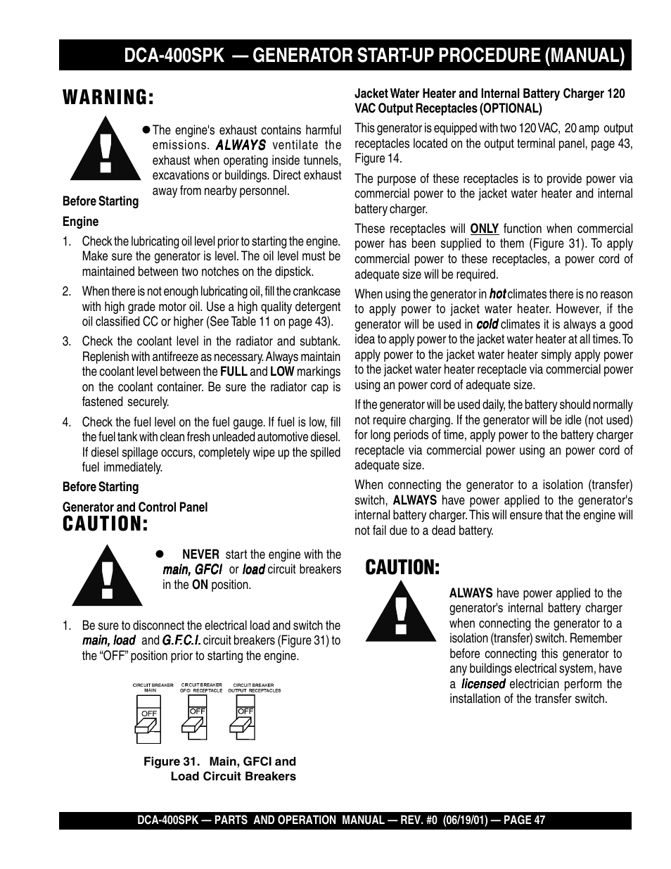 Warning, Caution, Dca-400spk — generator start-up procedure (manual) | Multiquip MQ Power Whisperwatt Generator DCA-400SPK User Manual | Page 47 / 108