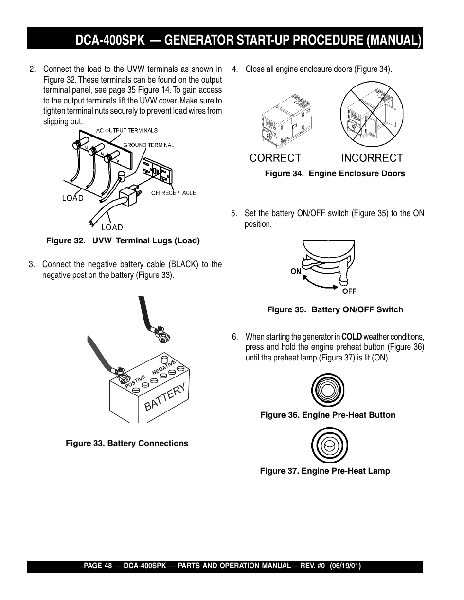 Dca-400spk — generator start-up procedure (manual), Batter y | Multiquip MQ Power Whisperwatt Generator DCA-400SPK User Manual | Page 48 / 108