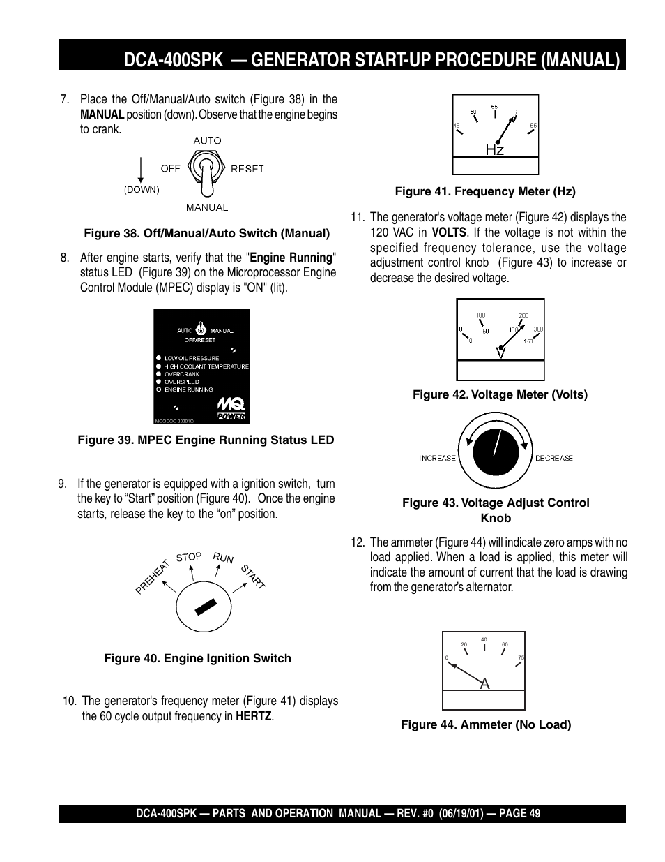 Dca-400spk — generator start-up procedure (manual) | Multiquip MQ Power Whisperwatt Generator DCA-400SPK User Manual | Page 49 / 108