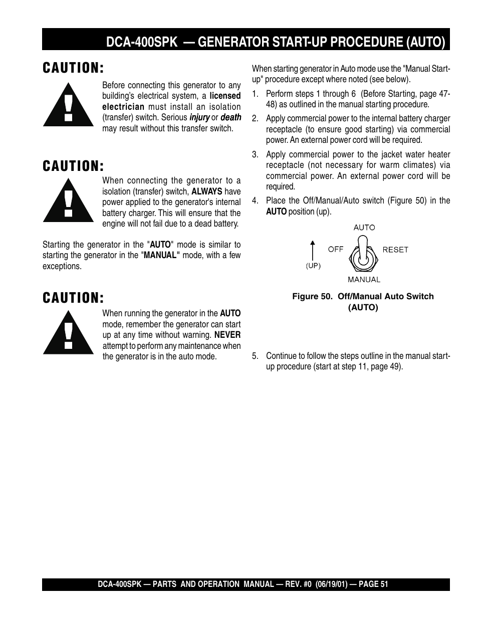 Dca-400spk — generator start-up procedure (auto), Caution | Multiquip MQ Power Whisperwatt Generator DCA-400SPK User Manual | Page 51 / 108