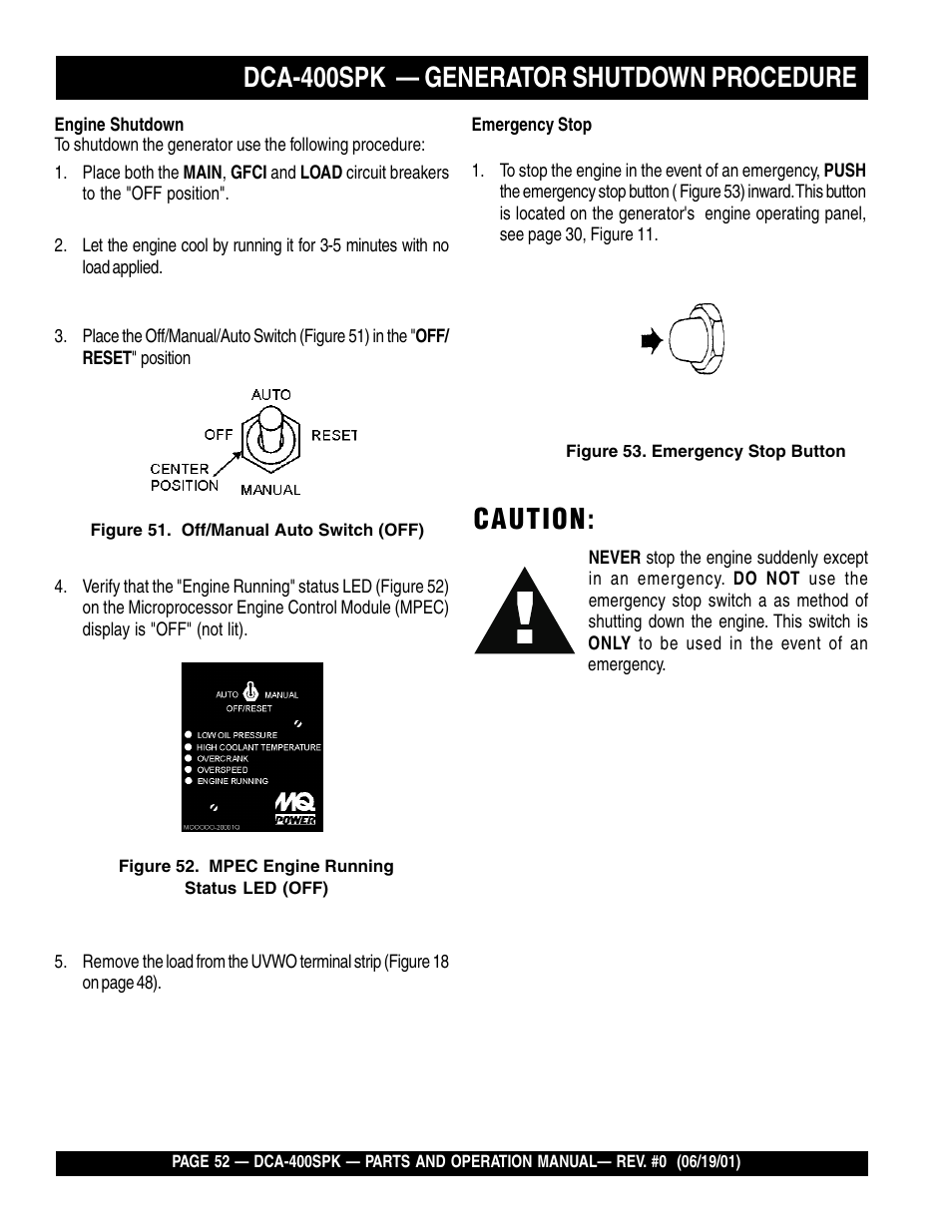 Caution, Dca-400spk — generator shutdown procedure | Multiquip MQ Power Whisperwatt Generator DCA-400SPK User Manual | Page 52 / 108