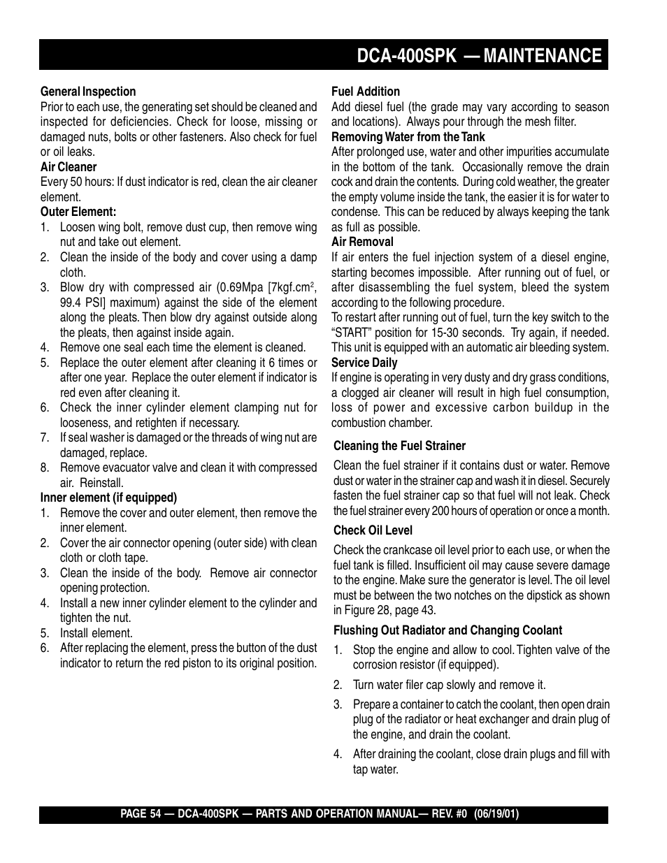 Dca-400spk — maintenance | Multiquip MQ Power Whisperwatt Generator DCA-400SPK User Manual | Page 54 / 108