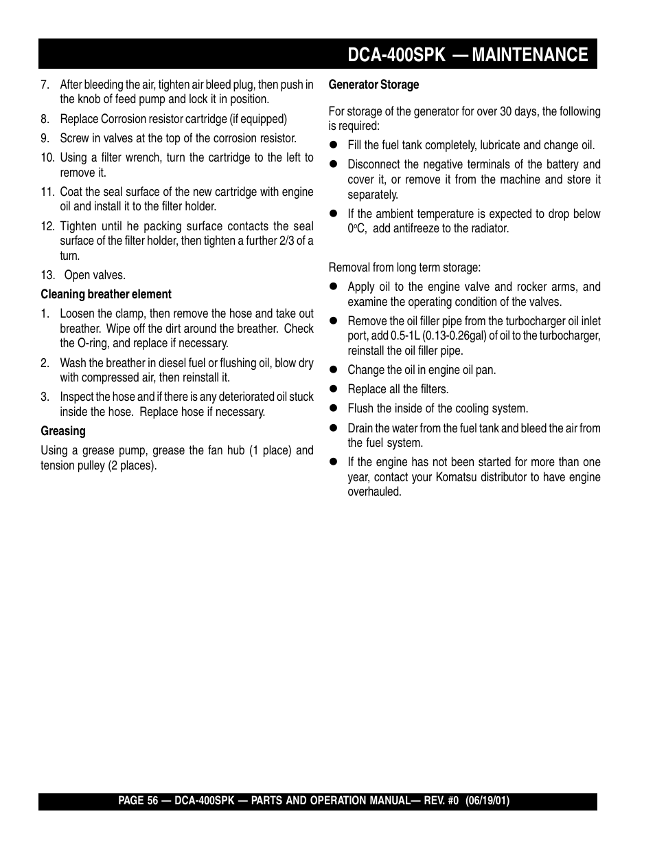 Dca-400spk — maintenance | Multiquip MQ Power Whisperwatt Generator DCA-400SPK User Manual | Page 56 / 108