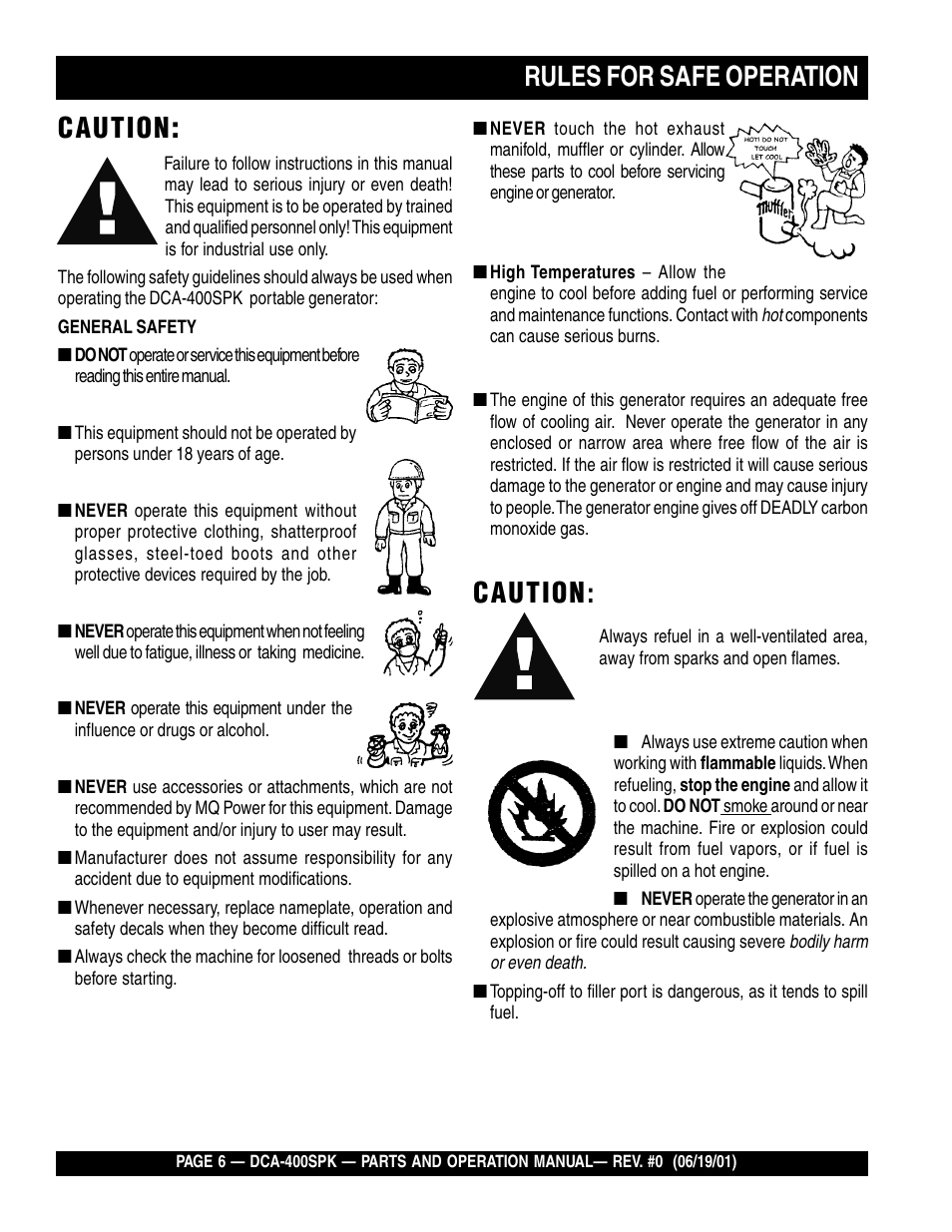 Rules for safe operation, Caution | Multiquip MQ Power Whisperwatt Generator DCA-400SPK User Manual | Page 6 / 108