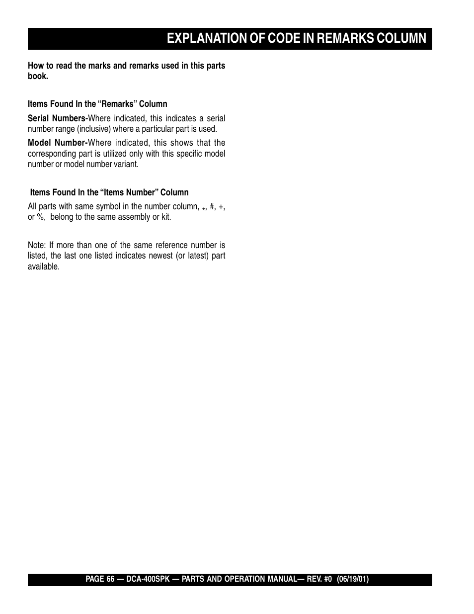 Explanation of code in remarks column | Multiquip MQ Power Whisperwatt Generator DCA-400SPK User Manual | Page 66 / 108