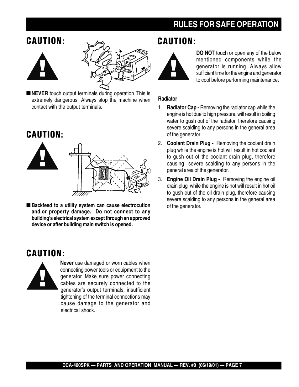 Rules for safe operation caution, Caution | Multiquip MQ Power Whisperwatt Generator DCA-400SPK User Manual | Page 7 / 108