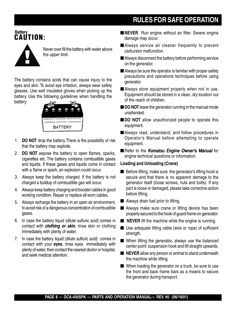 Rules for safe operation, Caution | Multiquip MQ Power Whisperwatt Generator DCA-400SPK User Manual | Page 8 / 108