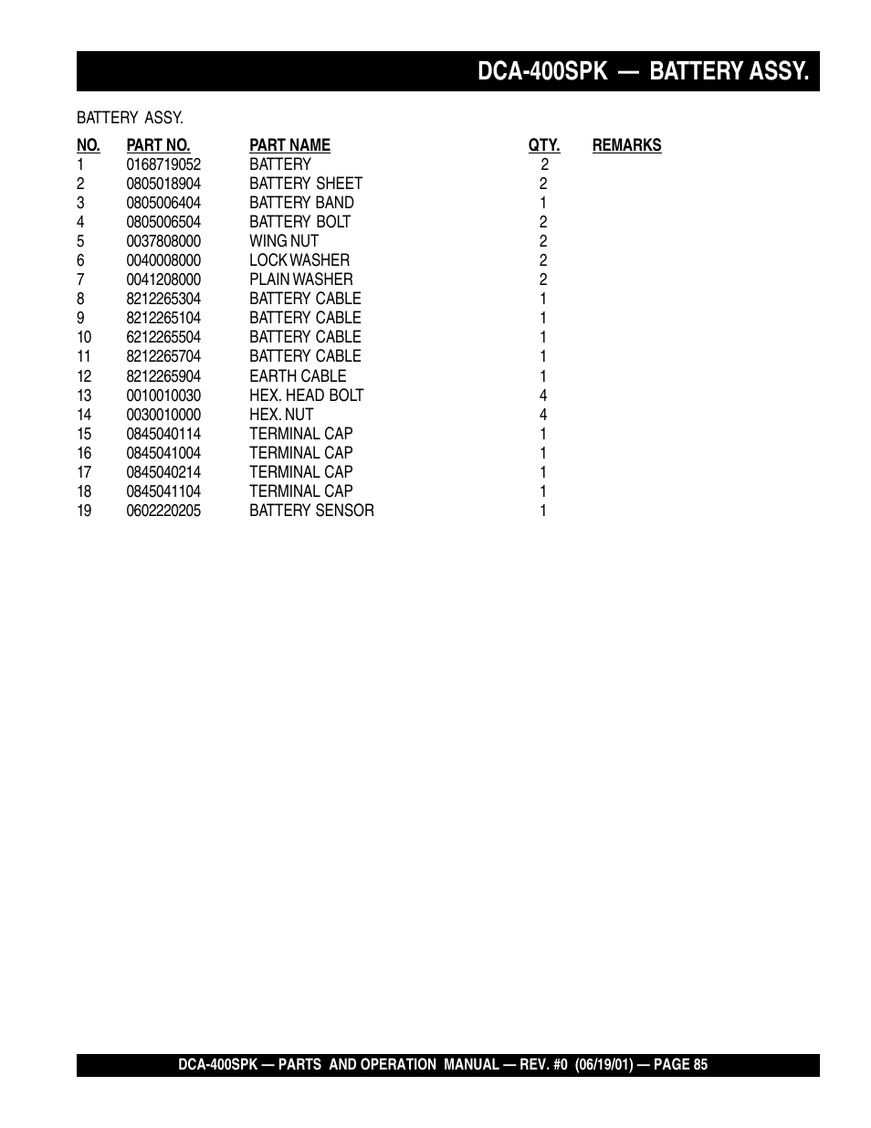 Dca-400spk — battery assy | Multiquip MQ Power Whisperwatt Generator DCA-400SPK User Manual | Page 85 / 108