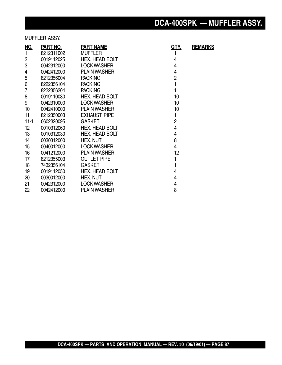 Dca-400spk — muffler assy | Multiquip MQ Power Whisperwatt Generator DCA-400SPK User Manual | Page 87 / 108