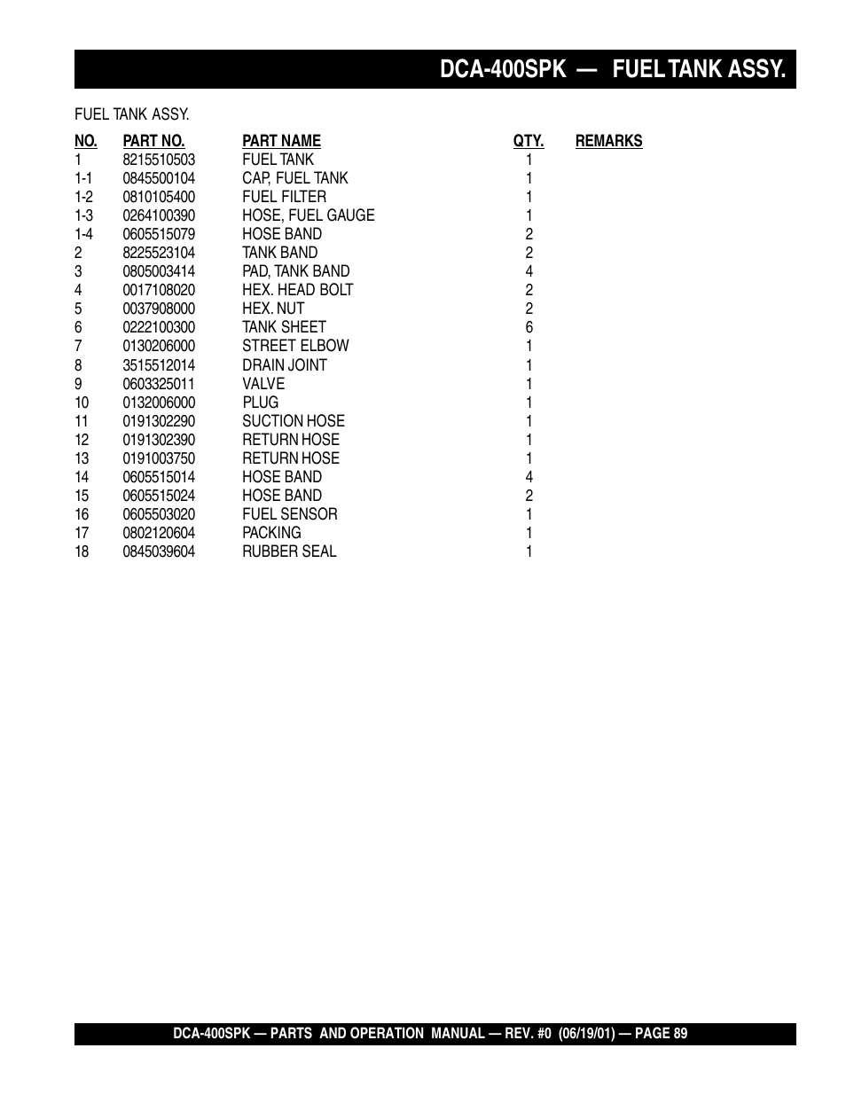 Dca-400spk — fuel tank assy | Multiquip MQ Power Whisperwatt Generator DCA-400SPK User Manual | Page 89 / 108