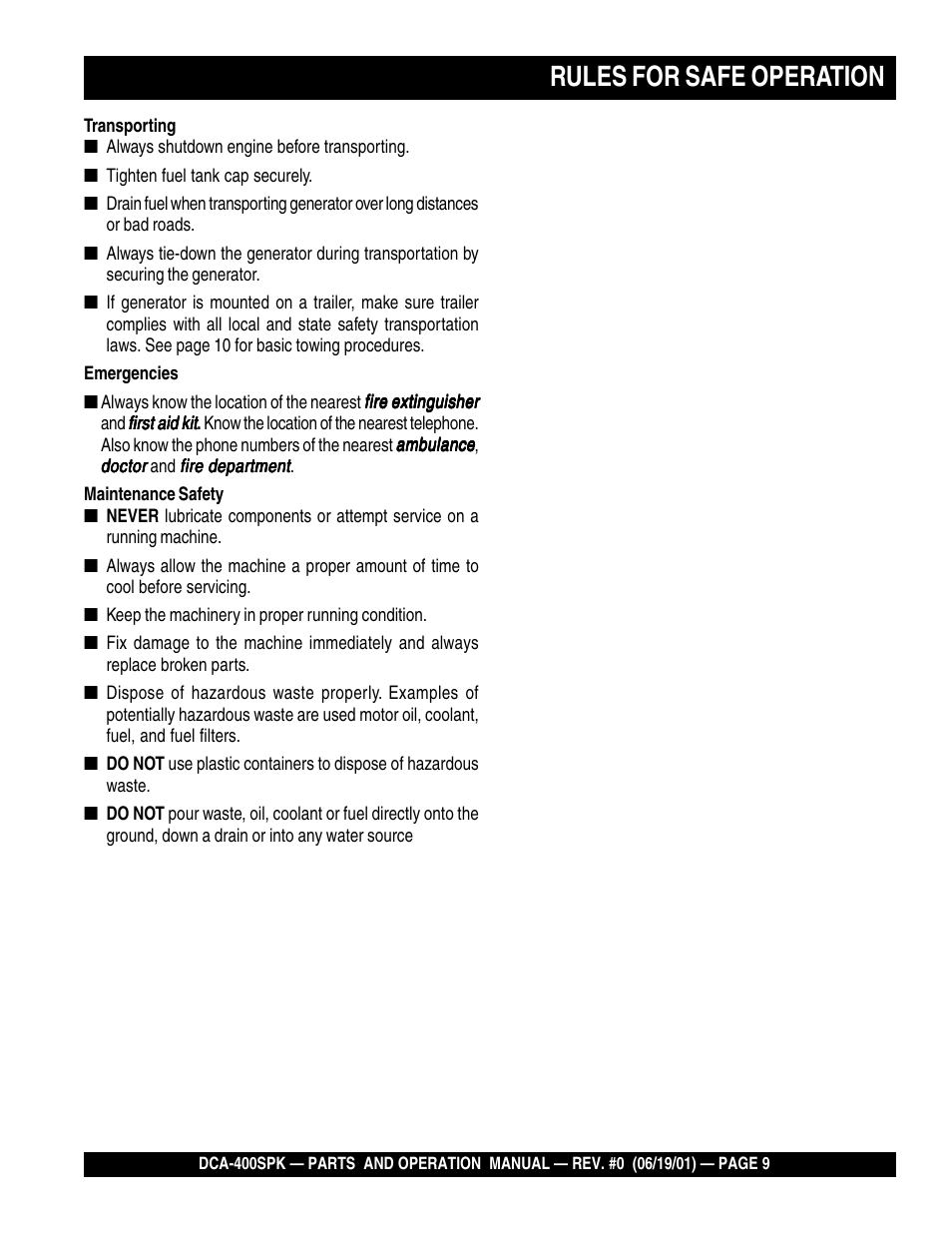 Rules for safe operation | Multiquip MQ Power Whisperwatt Generator DCA-400SPK User Manual | Page 9 / 108