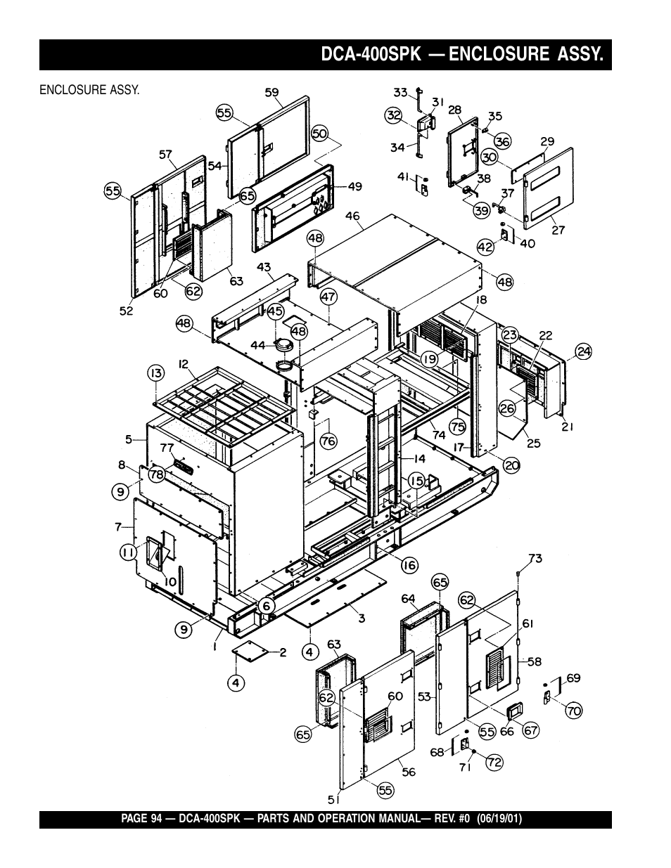 Dca-400spk — enclosure assy | Multiquip MQ Power Whisperwatt Generator DCA-400SPK User Manual | Page 94 / 108