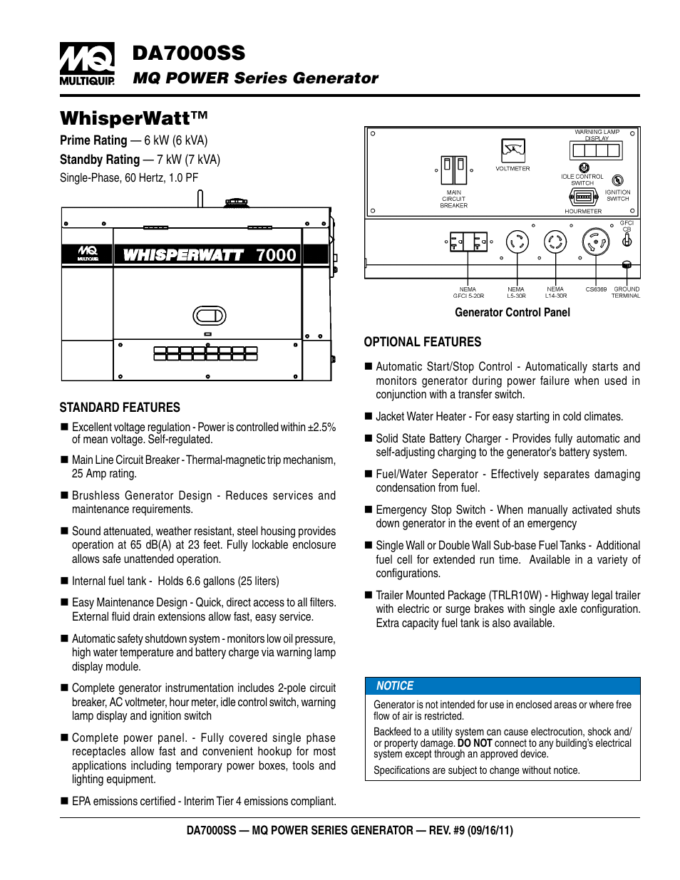 Multiquip MQ Power Generator DA7000SS User Manual | 2 pages