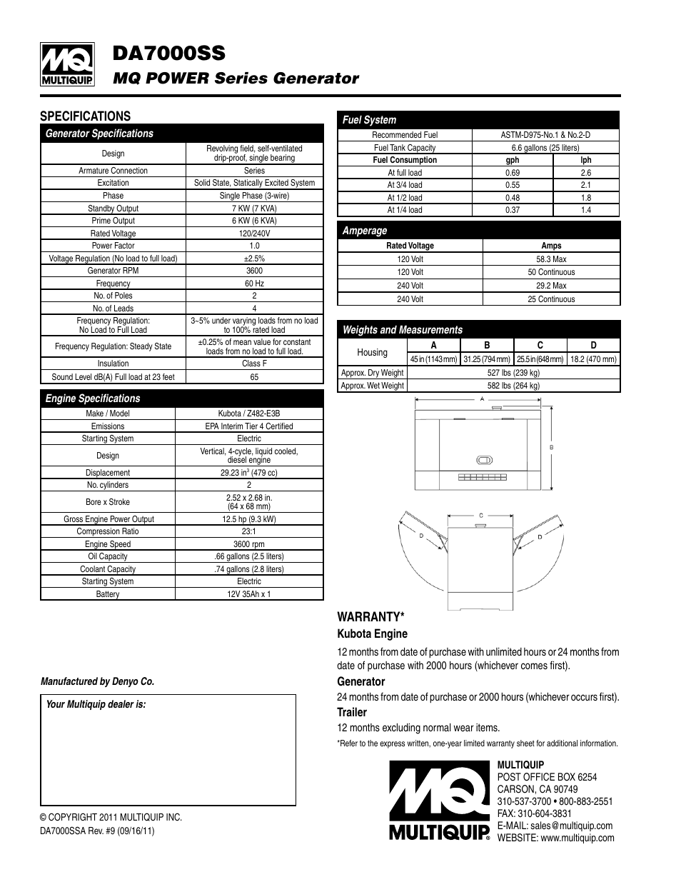 Da7000ss, Mq power series generator, Specifications | Warranty, Kubota engine, Generator, Trailer | Multiquip MQ Power Generator DA7000SS User Manual | Page 2 / 2
