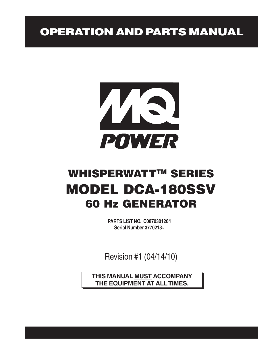 Multiquip MQ Power Whisperwatt 60 Hz Generator DCA-180SSV User Manual | 84 pages