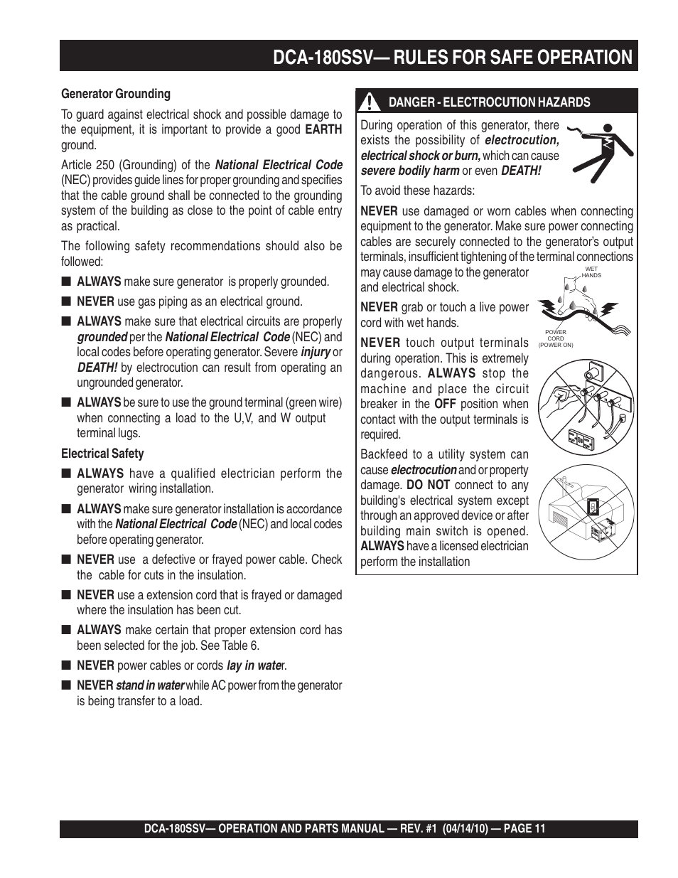 1dca-180ssv— rules for safe operation | Multiquip MQ Power Whisperwatt 60 Hz Generator DCA-180SSV User Manual | Page 11 / 84
