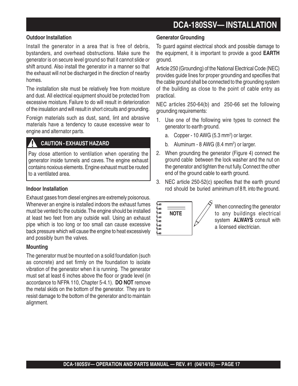 Dca-180ssv— installation | Multiquip MQ Power Whisperwatt 60 Hz Generator DCA-180SSV User Manual | Page 17 / 84