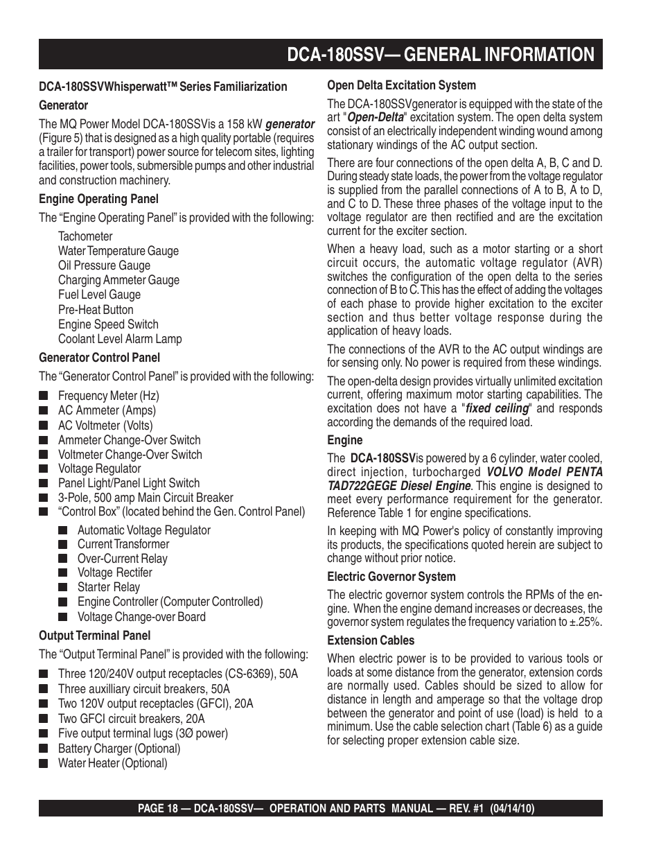 Dca-180ssv— general information | Multiquip MQ Power Whisperwatt 60 Hz Generator DCA-180SSV User Manual | Page 18 / 84