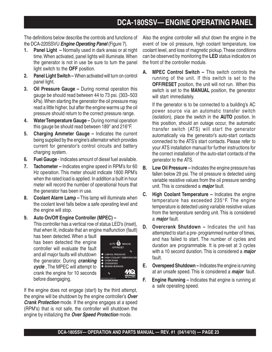 Dca-180ssv— engine operating panel | Multiquip MQ Power Whisperwatt 60 Hz Generator DCA-180SSV User Manual | Page 23 / 84