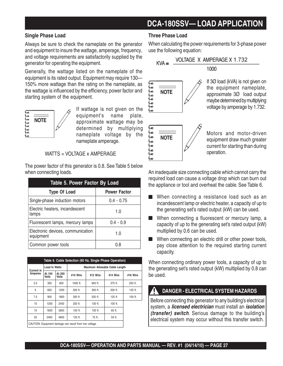1dca-180ssv— load application | Multiquip MQ Power Whisperwatt 60 Hz Generator DCA-180SSV User Manual | Page 27 / 84