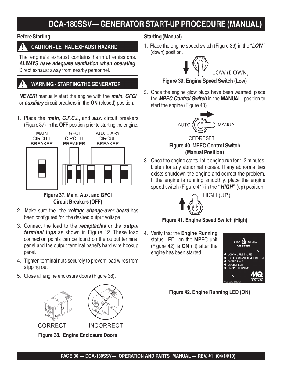 Dca-180ssv— generator start-up procedure (manual) | Multiquip MQ Power Whisperwatt 60 Hz Generator DCA-180SSV User Manual | Page 36 / 84