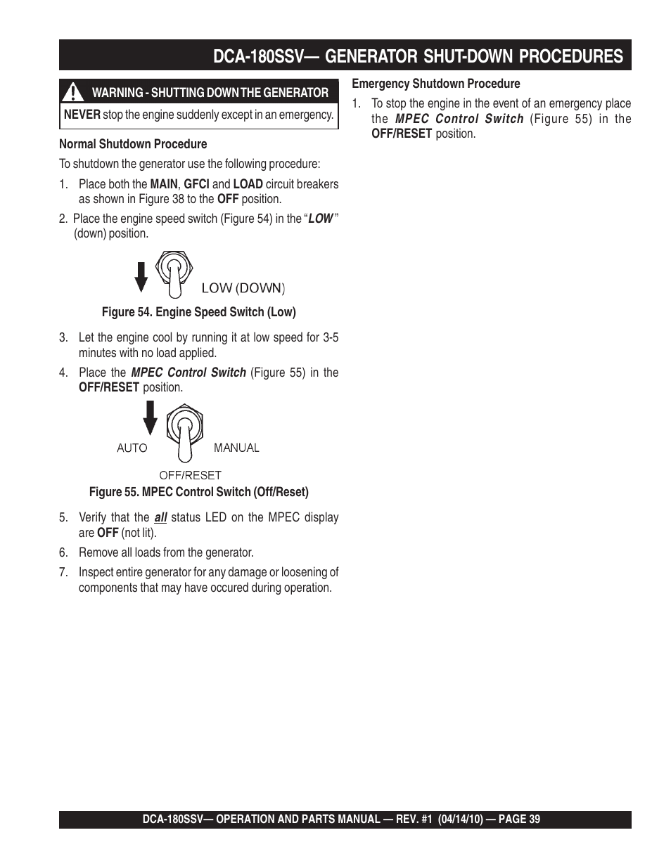 Dca-180ssv— generator shut-down procedures | Multiquip MQ Power Whisperwatt 60 Hz Generator DCA-180SSV User Manual | Page 39 / 84