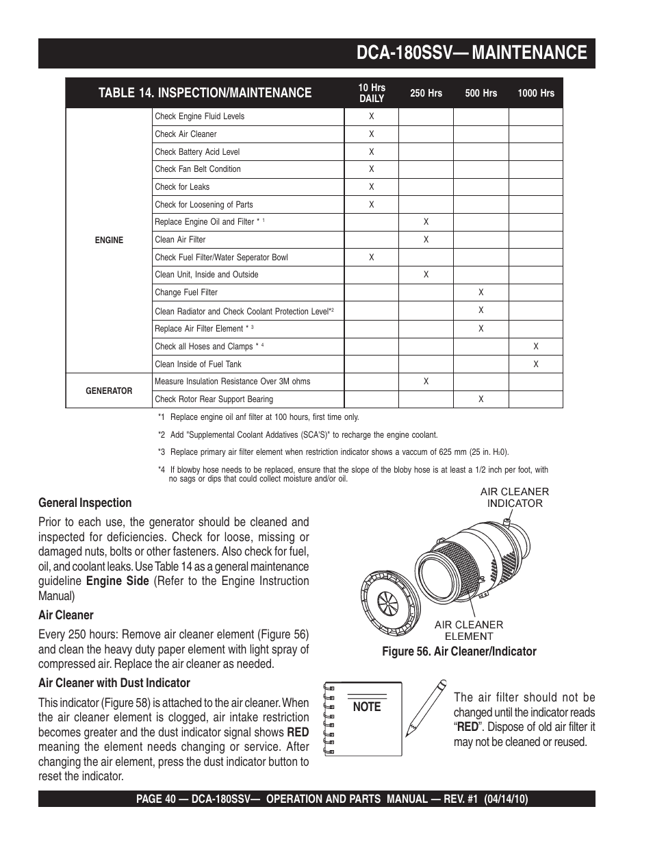 Dca-180ssv— maintenance | Multiquip MQ Power Whisperwatt 60 Hz Generator DCA-180SSV User Manual | Page 40 / 84