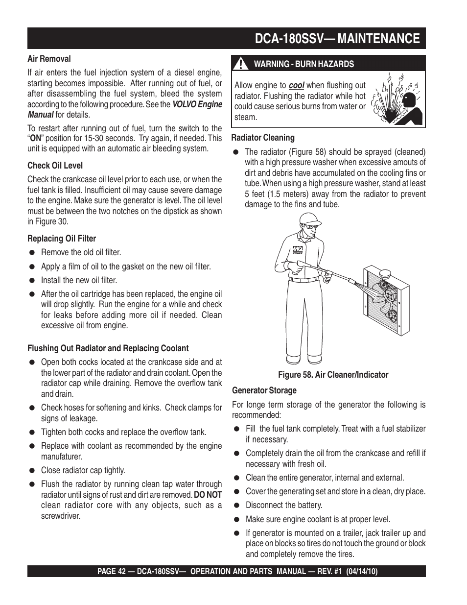 Dca-180ssv— maintenance | Multiquip MQ Power Whisperwatt 60 Hz Generator DCA-180SSV User Manual | Page 42 / 84