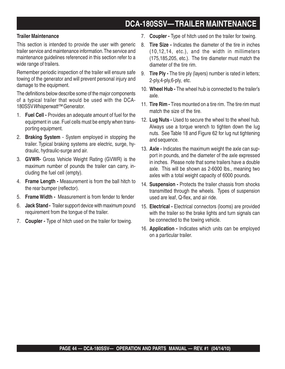 Dca-180ssv— trailer maintenance | Multiquip MQ Power Whisperwatt 60 Hz Generator DCA-180SSV User Manual | Page 44 / 84