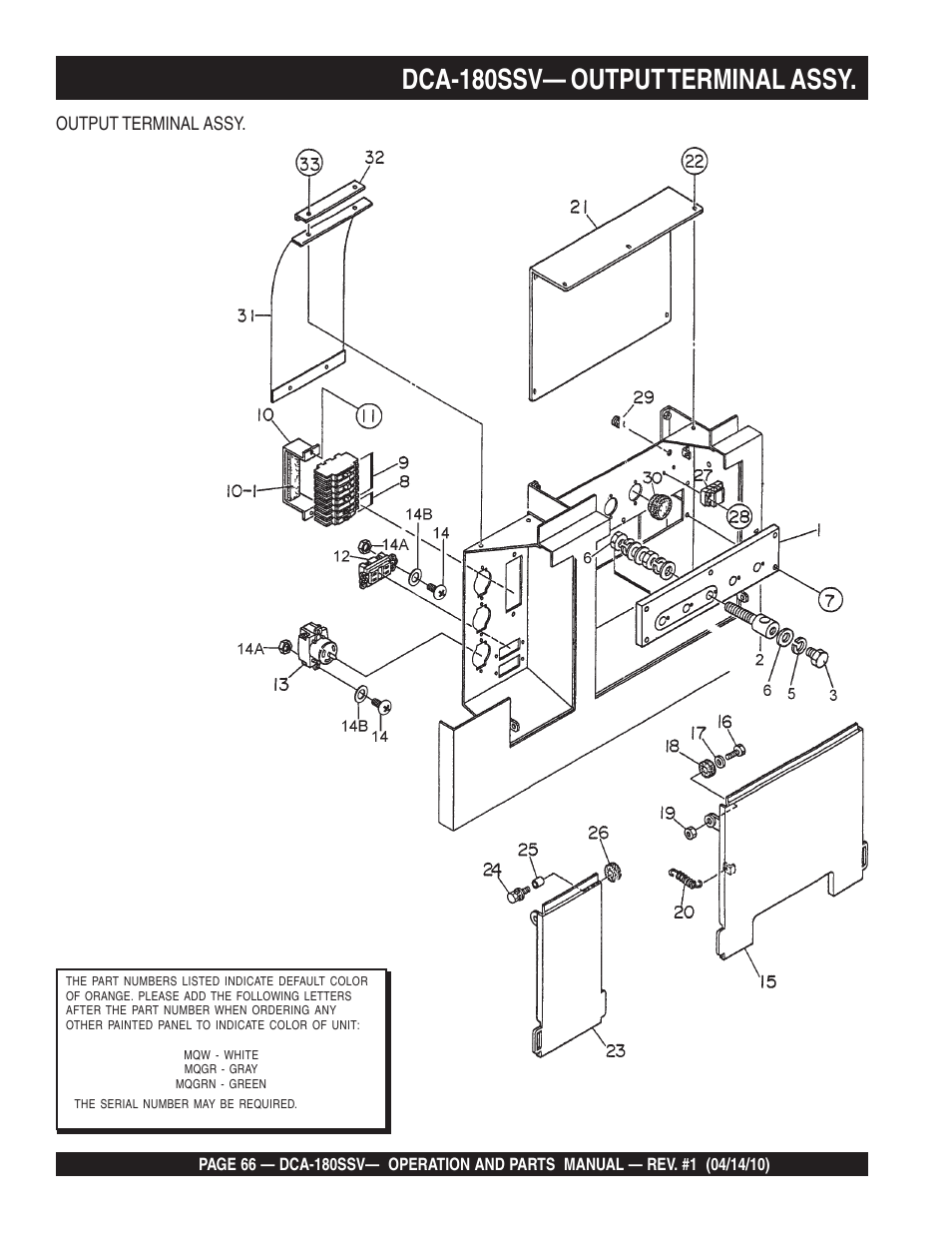 Dca-180ssv— output terminal assy | Multiquip MQ Power Whisperwatt 60 Hz Generator DCA-180SSV User Manual | Page 66 / 84