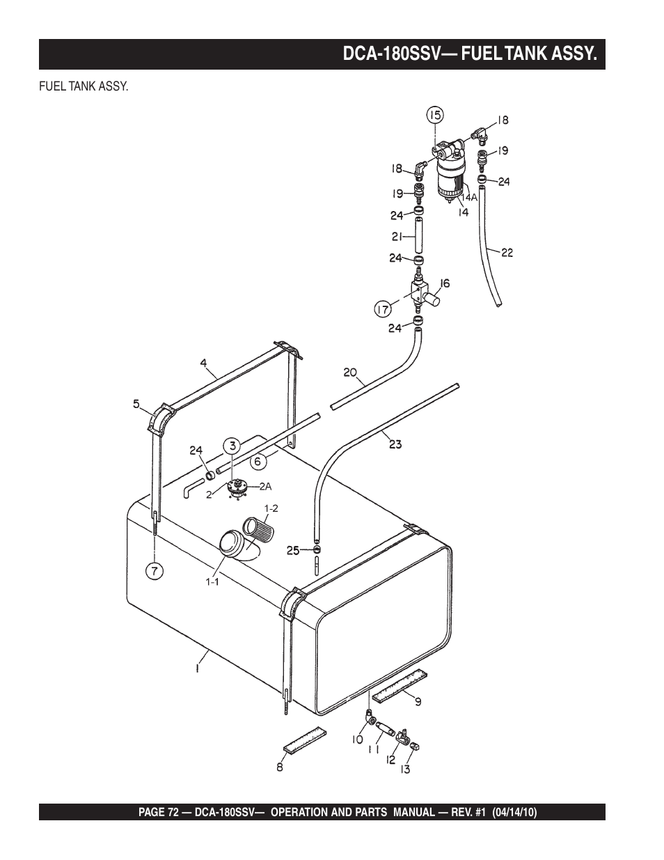 Dca-180ssv— fuel tank assy | Multiquip MQ Power Whisperwatt 60 Hz Generator DCA-180SSV User Manual | Page 72 / 84