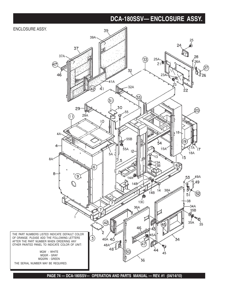 Dca-180ssv— enclosure assy | Multiquip MQ Power Whisperwatt 60 Hz Generator DCA-180SSV User Manual | Page 74 / 84