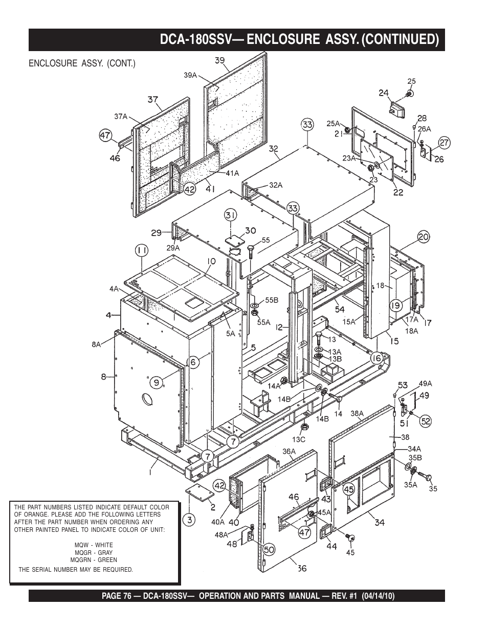 Dca-180ssv— enclosure assy. (continued) | Multiquip MQ Power Whisperwatt 60 Hz Generator DCA-180SSV User Manual | Page 76 / 84