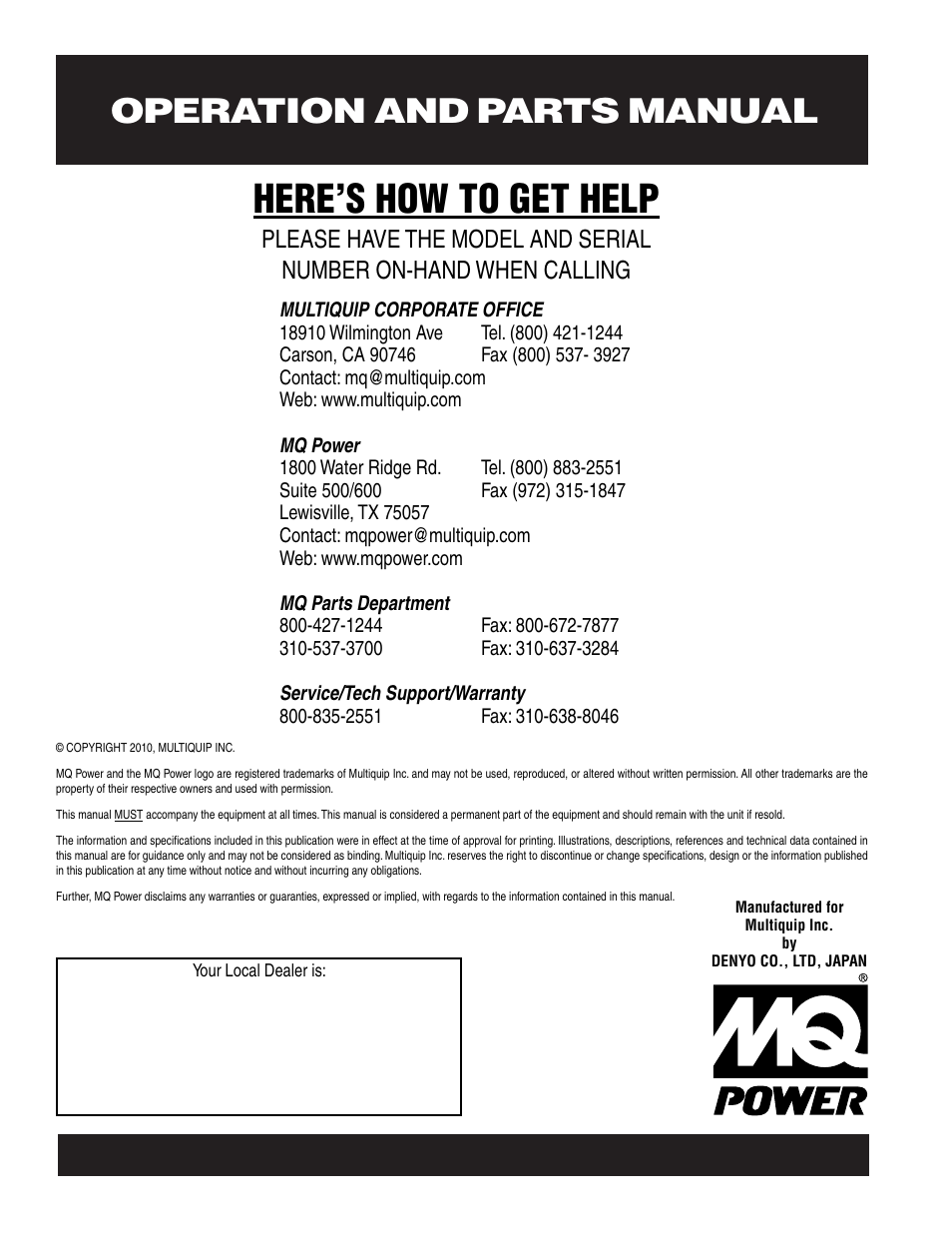 Here’s how to get help | Multiquip MQ Power Whisperwatt 60 Hz Generator DCA-180SSV User Manual | Page 84 / 84
