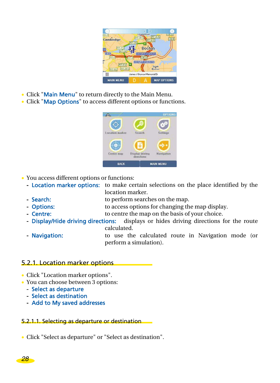 Location marker options, Selecting as departure or destination | Michelin Navigation User Manual | Page 32 / 89