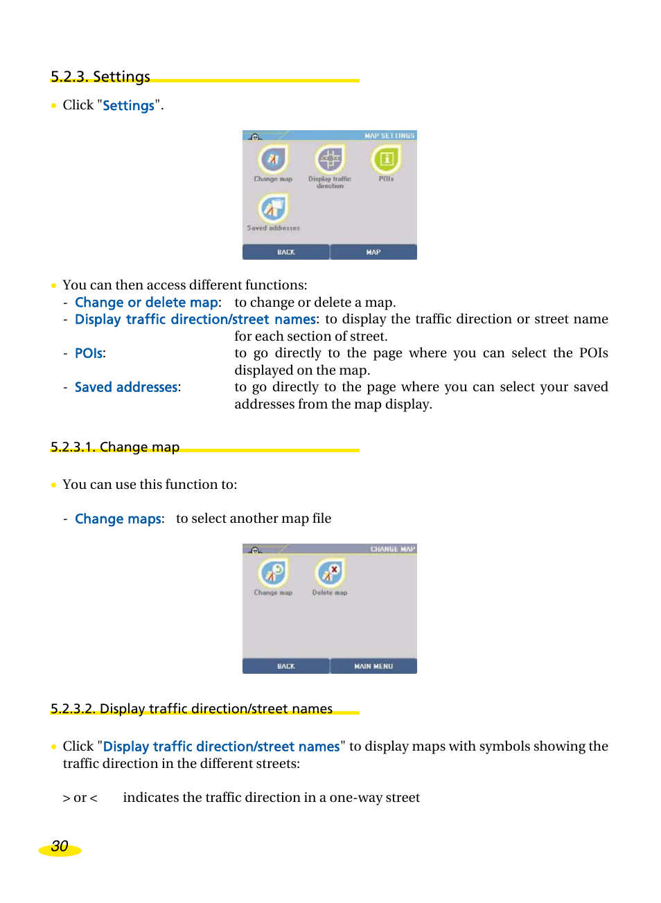 Settings, Change map, Display traffic direction/street names | Michelin Navigation User Manual | Page 34 / 89