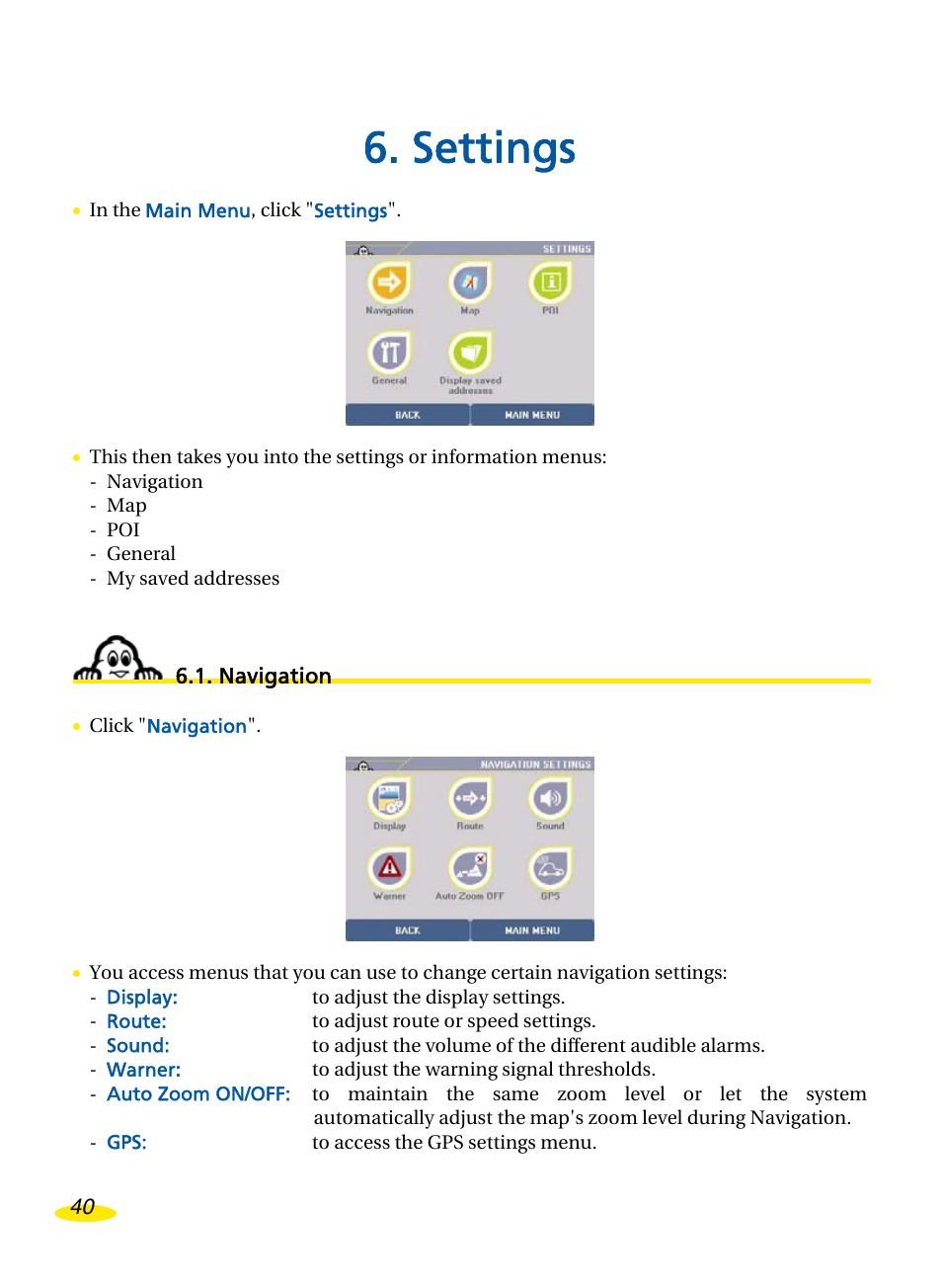 Settings, Navigation, Avigation | Michelin Navigation User Manual | Page 44 / 89