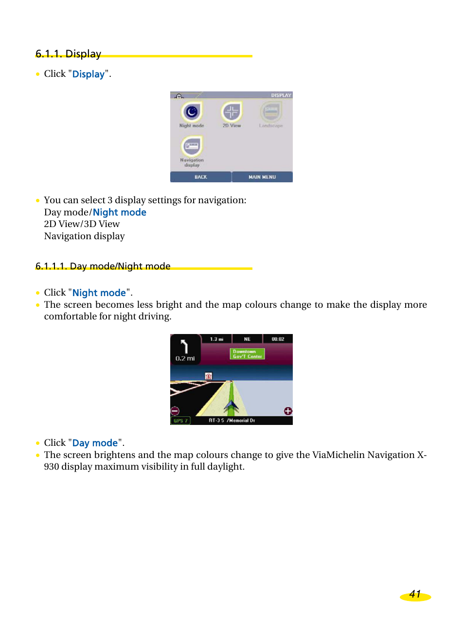 Display, Day mode/night mode | Michelin Navigation User Manual | Page 45 / 89