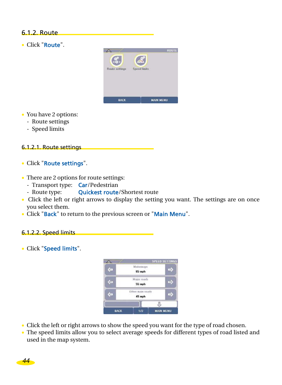 Route, Route settings, Speed limits | Michelin Navigation User Manual | Page 48 / 89