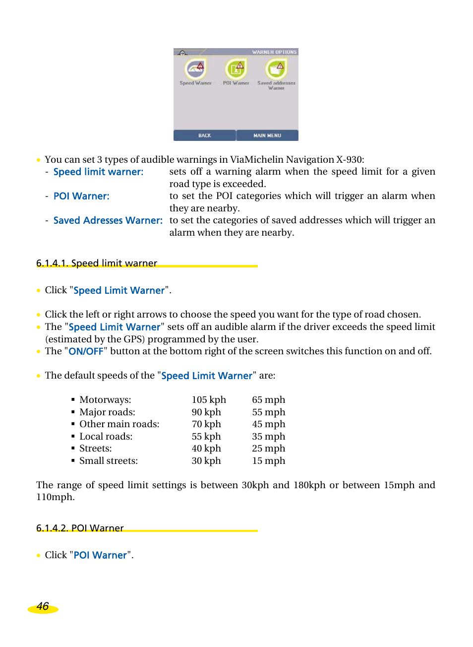 Speed limit warner, Poi warner | Michelin Navigation User Manual | Page 50 / 89