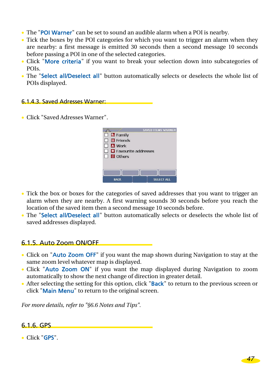 Saved adresses warner, Auto zoom on/off | Michelin Navigation User Manual | Page 51 / 89