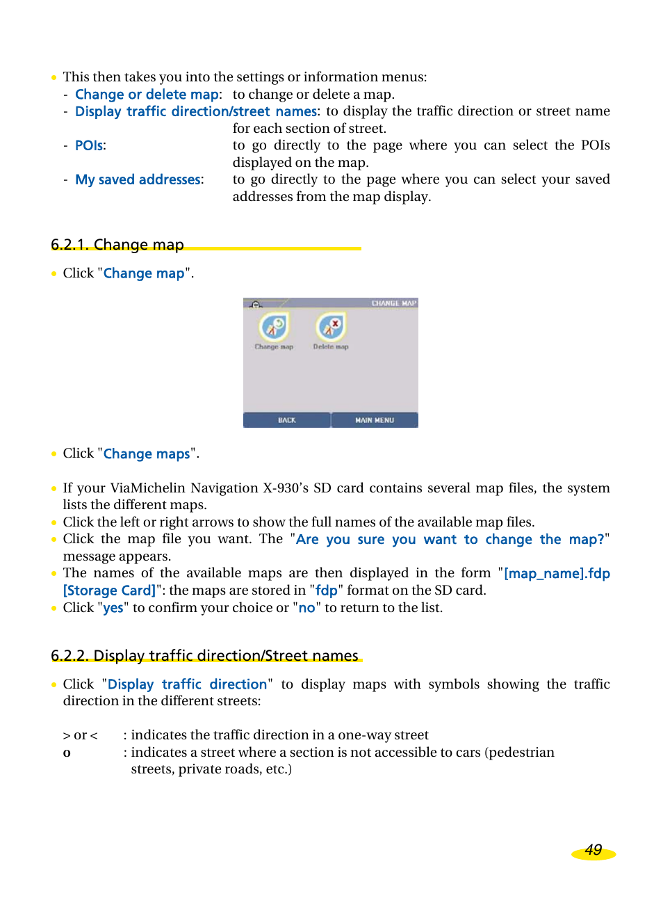 Change map, Display traffic direction/street names | Michelin Navigation User Manual | Page 53 / 89